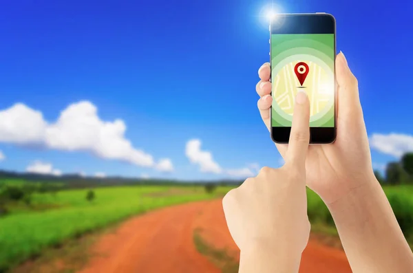 Chytrý Telefon Dotykovou Obrazovkou Ikonu Gps Gps Navigační Pokyny Umístění — Stock fotografie