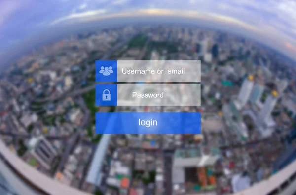 Login interface on touch screen. Touching login box, username and password inputs on virtual digital display on cityscape blurred background.