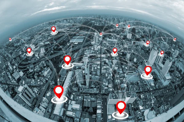 Kartnål Ovan Stadsbilden Och Nätverk Anslutning Koncept — Stockfoto