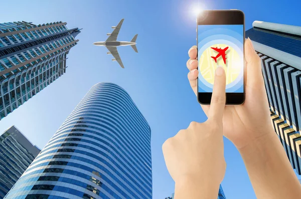 Inteligentny Ekran Dotykowy Telefon Ikona Samolotu Gps Nawigacja Dojazdu Lokalizacji — Zdjęcie stockowe