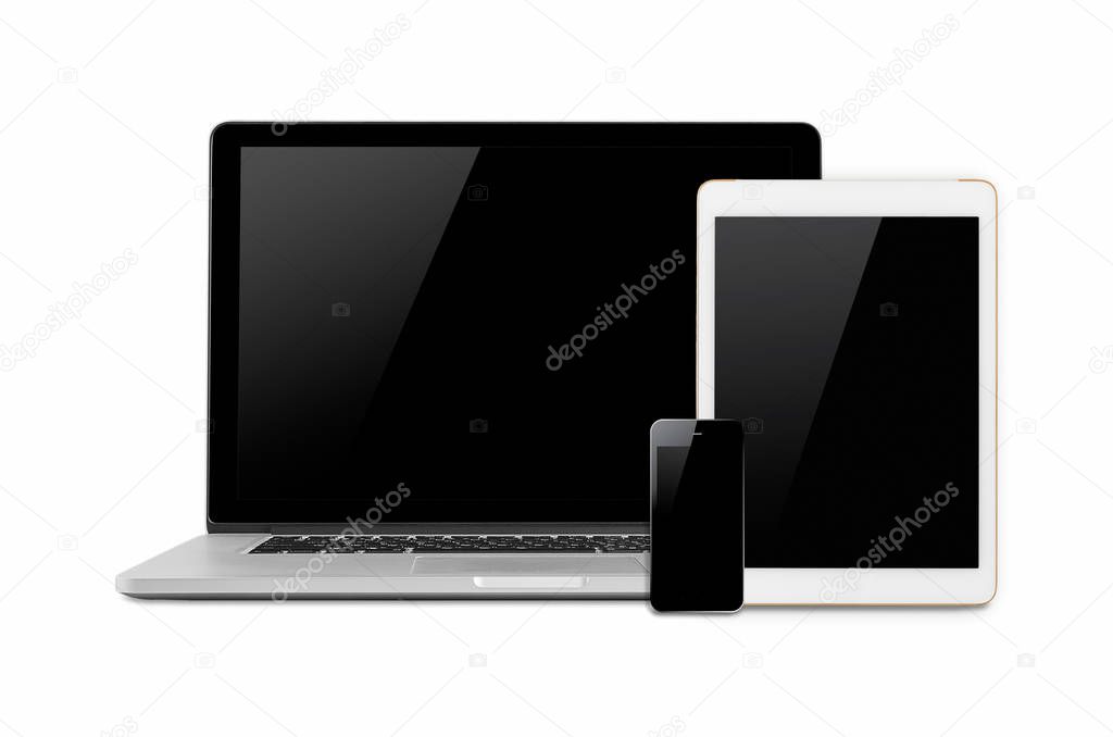 Laptop smartphone and tablet mockup white background.
