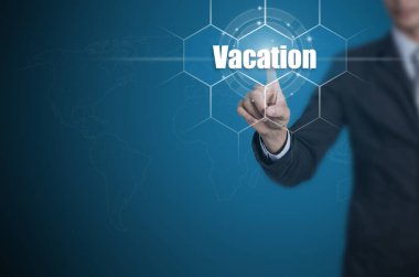 Dokunmatik ekran arayüzü ve select tatil, iş kavramı üzerinde düğmesine basarak işadamı.