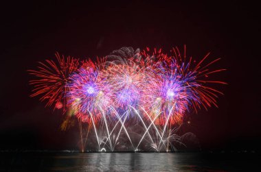 Kara gökyüzü arka planında renkli havai fişekler.