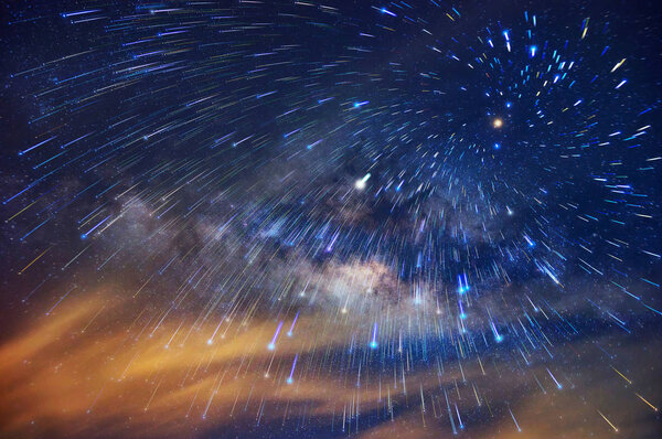 Detail from the milky way and Meteor shower at night, long speed exposure. 