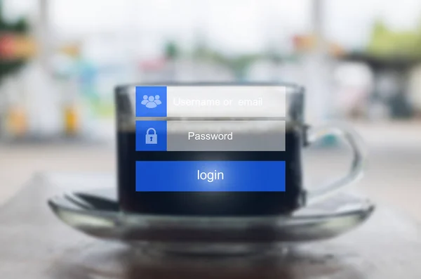 触摸屏上的登录界面 触摸登录框 用户名和密码输入的虚拟数字显示与咖啡杯模糊背景 — 图库照片