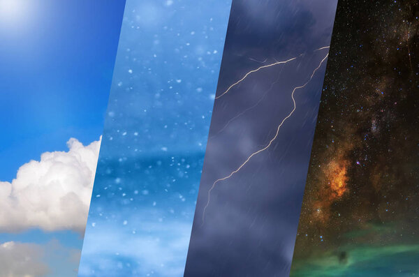 Weather forecast background - variety weather conditions, bright sun and snowfall, dark stormy sky with lightnings