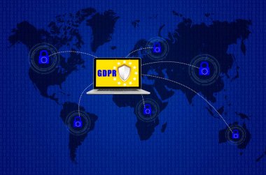 Dünya Haritası ve AB genel veri koruma yönetmeliği veya Gdpr. Avrupa çapında veri gizliliği yasalarına uyum için tasarlanmış simgeleyen asma kilit.
