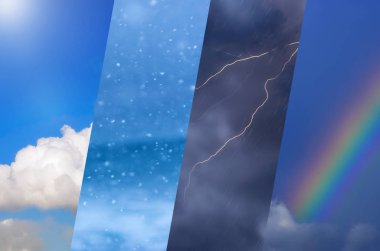 Weather forecast background - variety weather conditions, bright sun and snowfall, dark stormy sky with rainbow. clipart