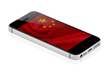 Siyah cep telefonu veya Smartphone ile Çin bayrağı ekran, cep telefonu beyaz arka plan üzerinde izole. gerçekçi illüstrasyon.