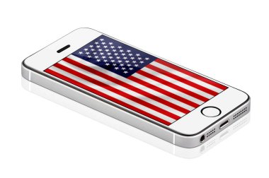 Beyaz cep telefonu veya Smartphone ekranında, cep telefonu beyaz arka plan üzerinde izole Amerika Birleşik Devletleri bayrağı ile. gerçekçi illüstrasyon.