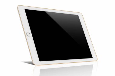 Boş siyah perde ile dijital tablet bilgisayar, altın renkli, beyaz arka plan üzerinde izole kırpma yoluyla çerçevedir.