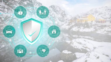 Sigorta poliçesi kavramsal tasarım hizmetleri. Sigorta kalkan, aile evleri, ekonomi, otomobil, seyahat ve sağlık sigortası.