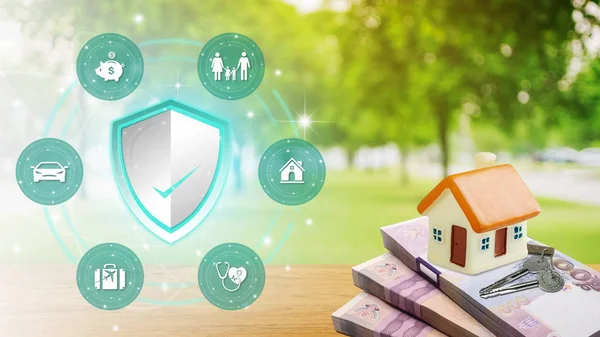 Insurance Policy Services Conceptual Design Insurance Shield Family Homes Finance — Stock Photo, Image