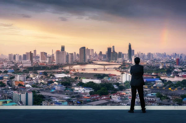 Vision Concept Successful Businessman Standing Hands Crossed Chest Top Building — Stock Photo, Image