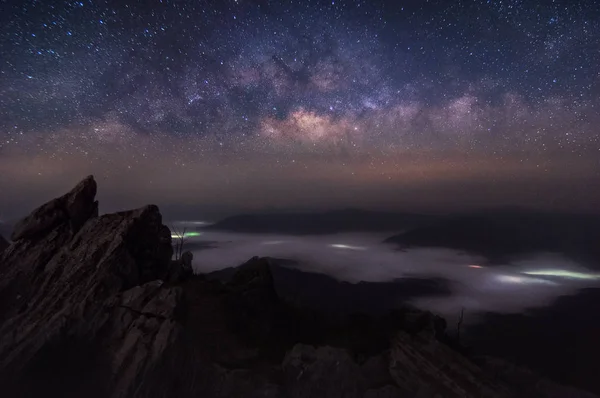 Milky Way Galaxy and Mountain landscape at Doi Pha Tang, Chiang Rai, Thailand, Doi Pha Tang offers the best spot to watch the scenic Mekong river at the hilltop and beautiful sunrise spotview.