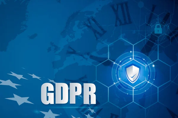 Protection shield and Icon lock over EU flag inside, EU map, symbolizing the EU General Data Protection Regulation or GDPR. Designed to harmonize data privacy laws across Europe.