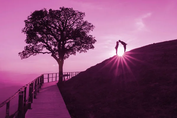 Silhouette Couple Sur Colline Arbre Solitaire Soleil Tombe Derrière Avec — Photo