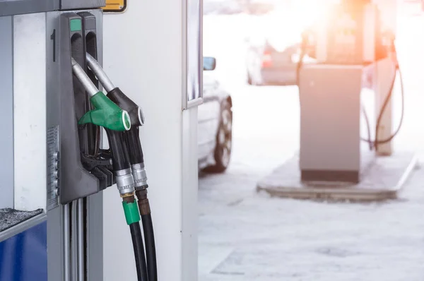 Nozzle Refueling Installed Boxes Blurred Car Background Winter — Stock Photo, Image