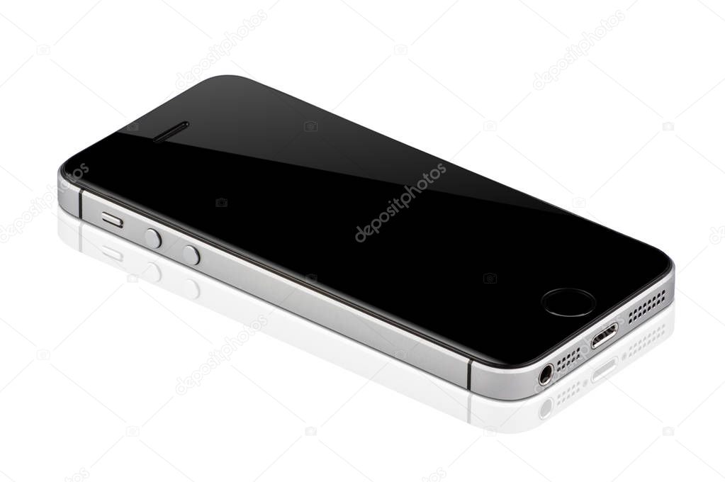 Black Mobile isolated with reflection on white background. Devices displaying the applications on the screen. smart phone with multi touch screen. Mobile technology connects the world closer together.