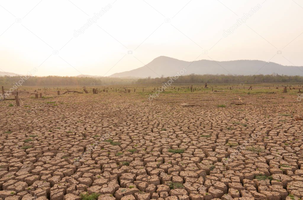 Global warming, Drought in the summer, the ground is dry reservoir of Mae Moh, Lampang, Thailand.