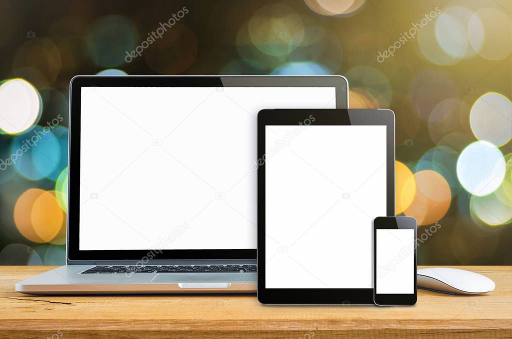 Laptop smartphone and tablet mockup with blank screen on table, Concept mockup.