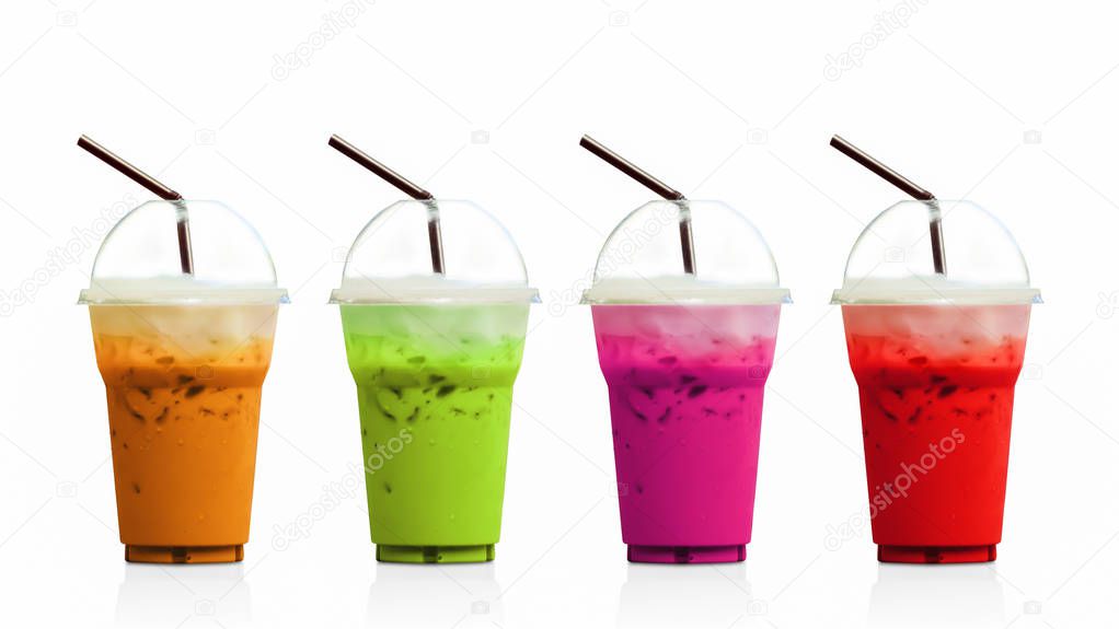 Ice Milk and ice Tea with straws in plastic cups isolated on white background.