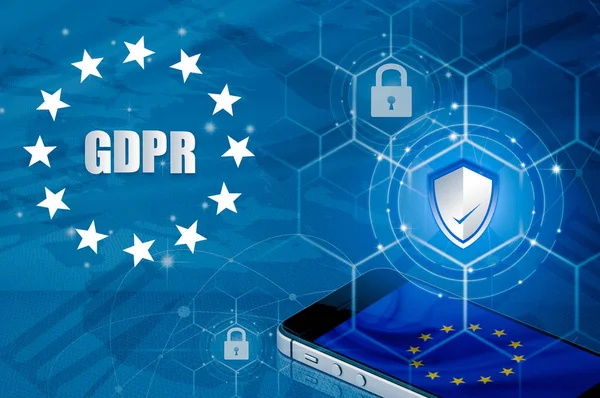 Padlock over smartphone and EU flag inside mobile phone and EU map, symbolizing the EU General Data Protection Regulation or GDPR. Designed to harmonize data privacy laws across Europe.