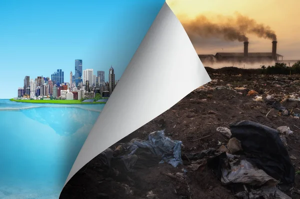 Änderungskonzept Umblättern Der Umweltverschmutzungsseite Aufzeigen Dass Die Stadt Umweltfreundlich Ist — Stockfoto