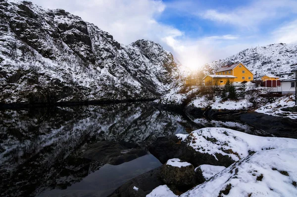 Жовтий Рибалки Будинки Знакових Reine Села Прибуття Островів Норвегії — стокове фото