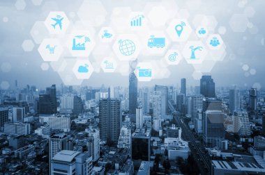 Cityscape mavi tonu arka plan Internet şeyler (çok) nesneleri simge birbirine bağlama, Internet ağ kavramı, birbirleri ile bağlan global kablosuz cihazlar ile.