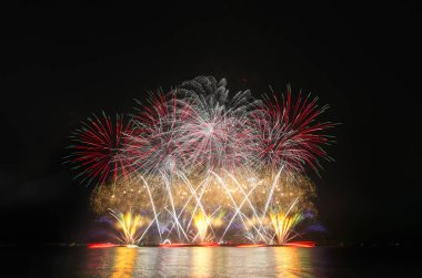 Kara gökyüzü arka planında renkli havai fişekler.