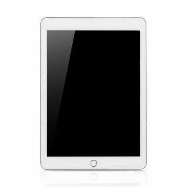 Digital tablet computer with Blank black screen, The frame is Bourne Silver in color, with clipping path isolated on white background.