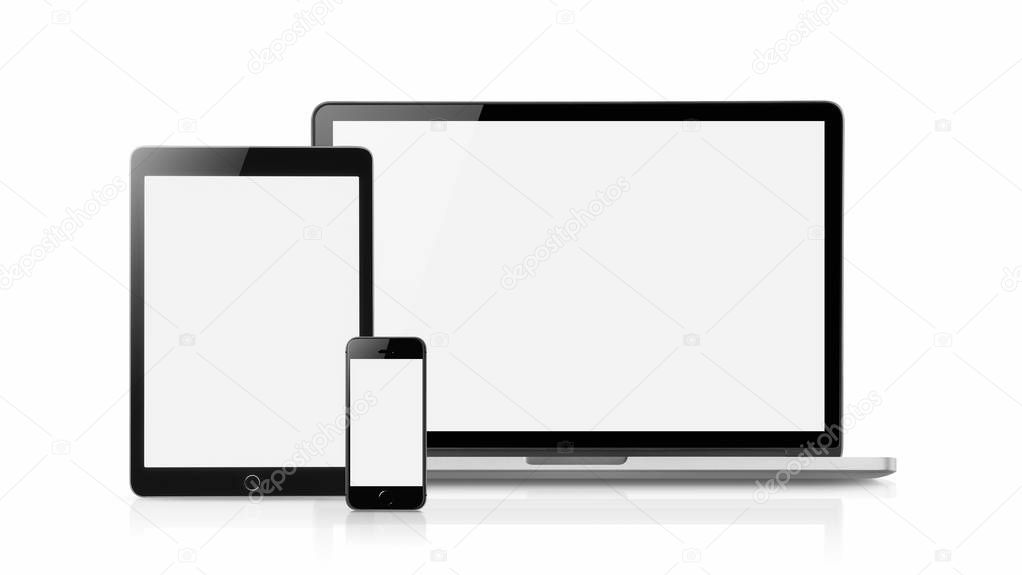Laptop smartphone and tablet mockup with blank screen isolated on white background, Concept mockup. Copyspace for text.