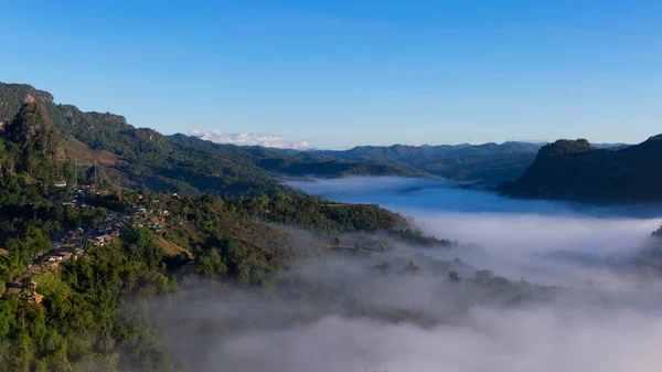 Panorama Paesaggio Montano Con Nebbia Mattino Punto Vista Baan Jabo — Foto Stock