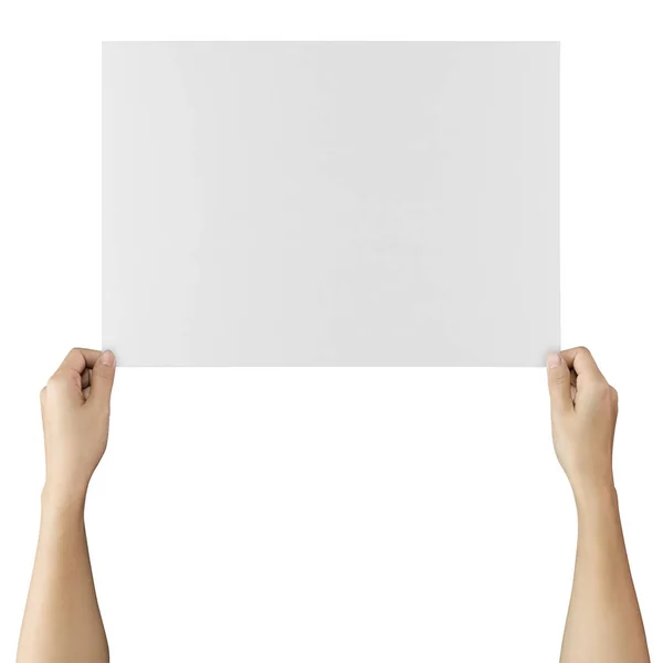 女性手拿着空白的纸查出在白色背景与剪裁路径 — 图库照片