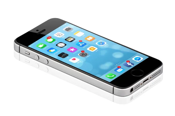 南邦府 2018年2月08日 Iphone 与所有应用程序的蓝屏在白色背景下隔离 显示屏幕上的应用程序的设备 Iphone 说明社论 — 图库照片