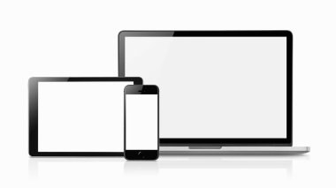 Laptop smartphone and tablet mockup with blank screen isolated on white background, Concept mockup. Copyspace for text.