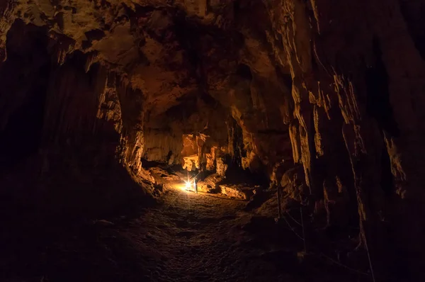 Silhouette Woman Tourist Lantern Tham Lod Cave Pai Mae Hong — Stock Photo, Image