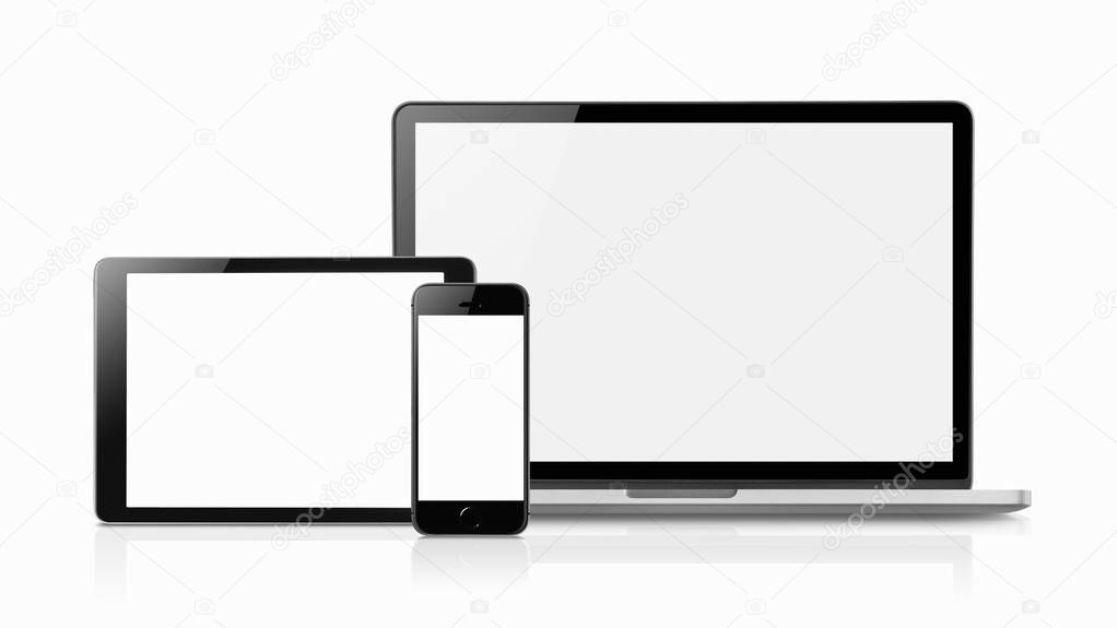 Laptop smartphone and tablet mockup with blank screen isolated on white background, Concept mockup. Copyspace for text.