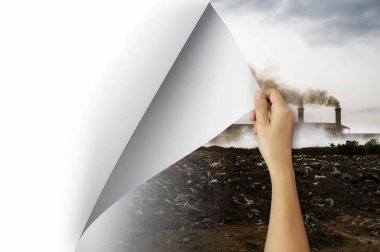 Change concept, Woman hand turning pollution page revealing blank paper, changing reality, hope inspiration,environmental protection, change weather, environmental campaign. clipart