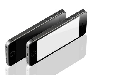 Yığılmış siyah beyaz arka planı mockup için siyah ve beyaz boş ekran yansıması ile izole hareket eden. Ekranın üzerinde uygulamalar için görüntüleniyor. Mobil teknoloji bağlanır.