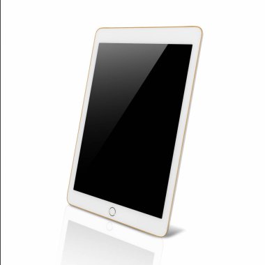 Boş siyah perde ile dijital tablet bilgisayar, altın renkli, beyaz arka plan üzerinde izole kırpma yoluyla çerçevedir.