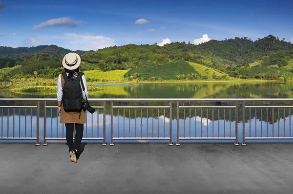 Asian Female Tourist She Wears Casual Style Japanese Simple Black — Stock Photo, Image