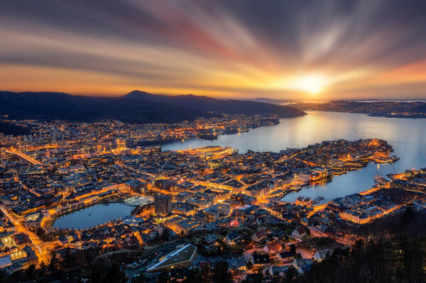 Panoramic view of Bergen from Floyen, Bergen, Norway at sunset.
