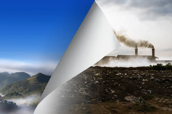 Change Concept Turning Pollution Page Revealing Nature Landscape Changing Reality — Stock Photo, Image