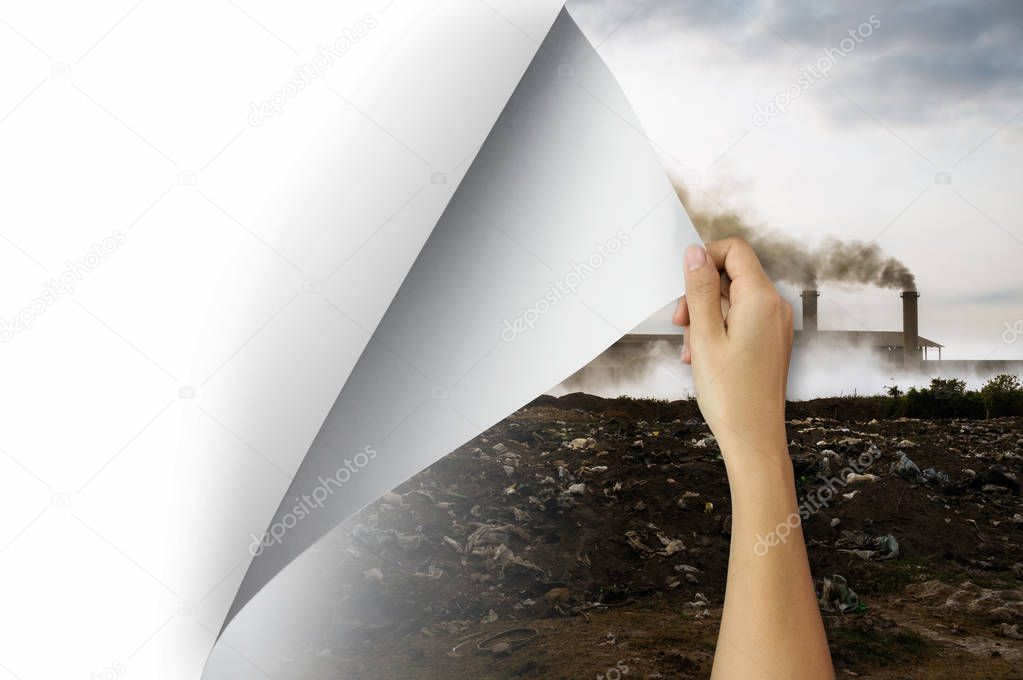 Change concept, Woman hand turning pollution page revealing blank paper, changing reality, hope inspiration,environmental protection, change weather, environmental campaign.