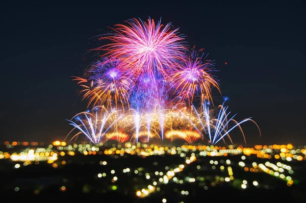 Belo Fogo Artifício Fetivo Com Luzes Bokeh Borrão — Fotografia de Stock