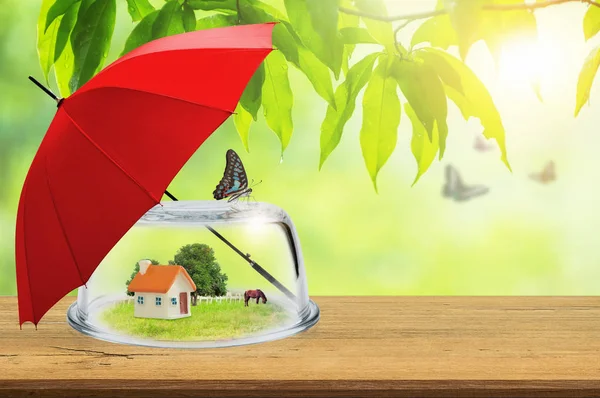 Property Insurance Toy House Glass Dome Wooden Floor Red Umbrella — Stock Photo, Image