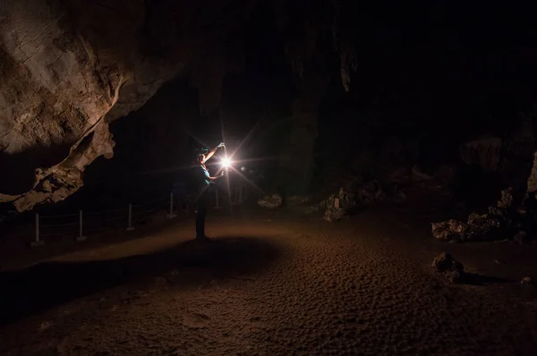 Female Explorer Holding Lantern Cave Tham Pai Mae Hong Son — Stock Photo, Image