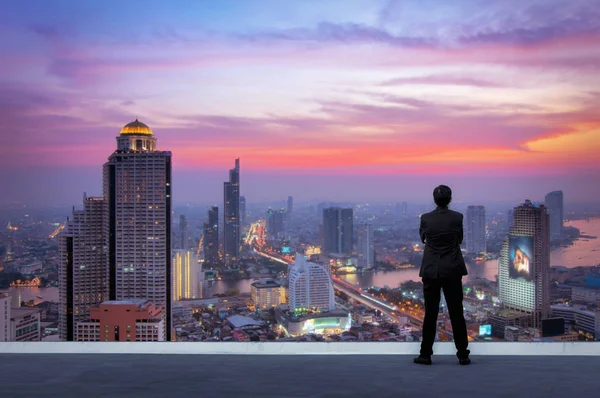 Vision Concept Successful Businessman Standing Hands Crossed Chest Top Building — Stock Photo, Image